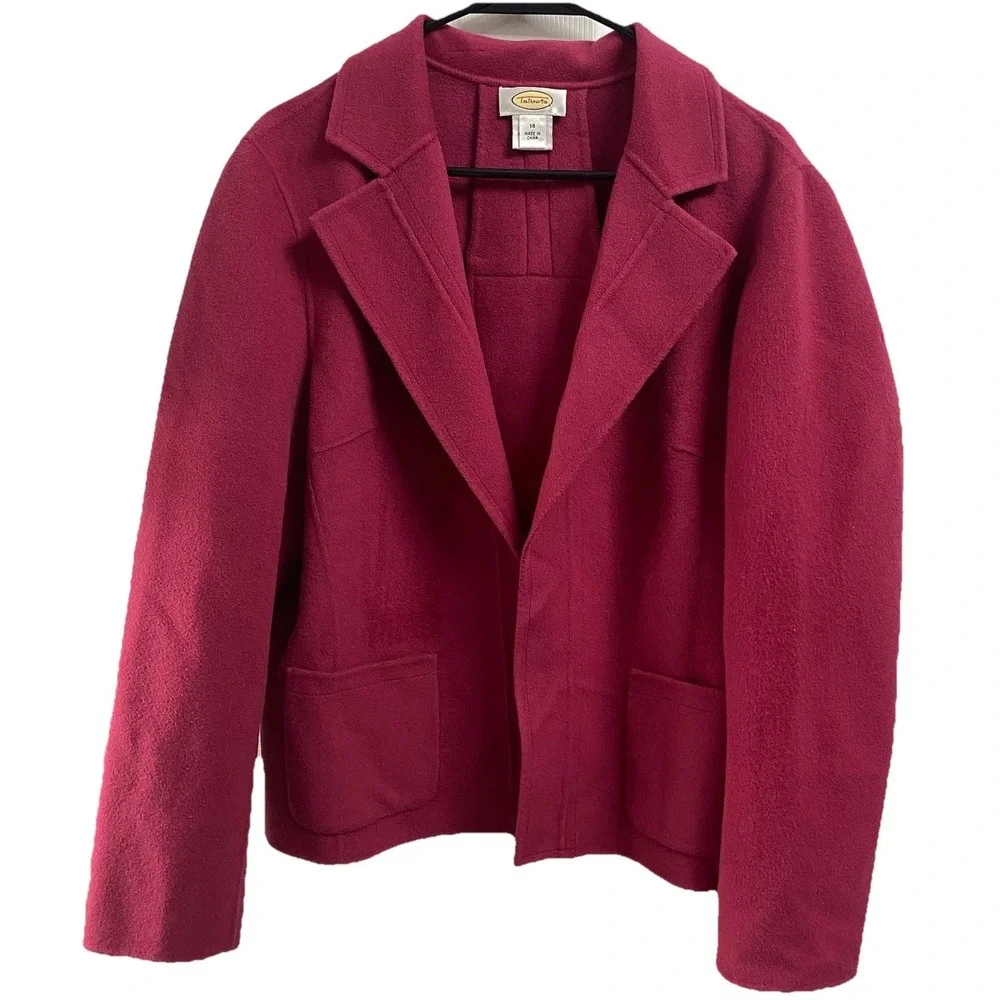 TALBOTS Womens 100% Wool Open front Hot Pink Blazer Back Pleat Jacket Sz.14 EUC